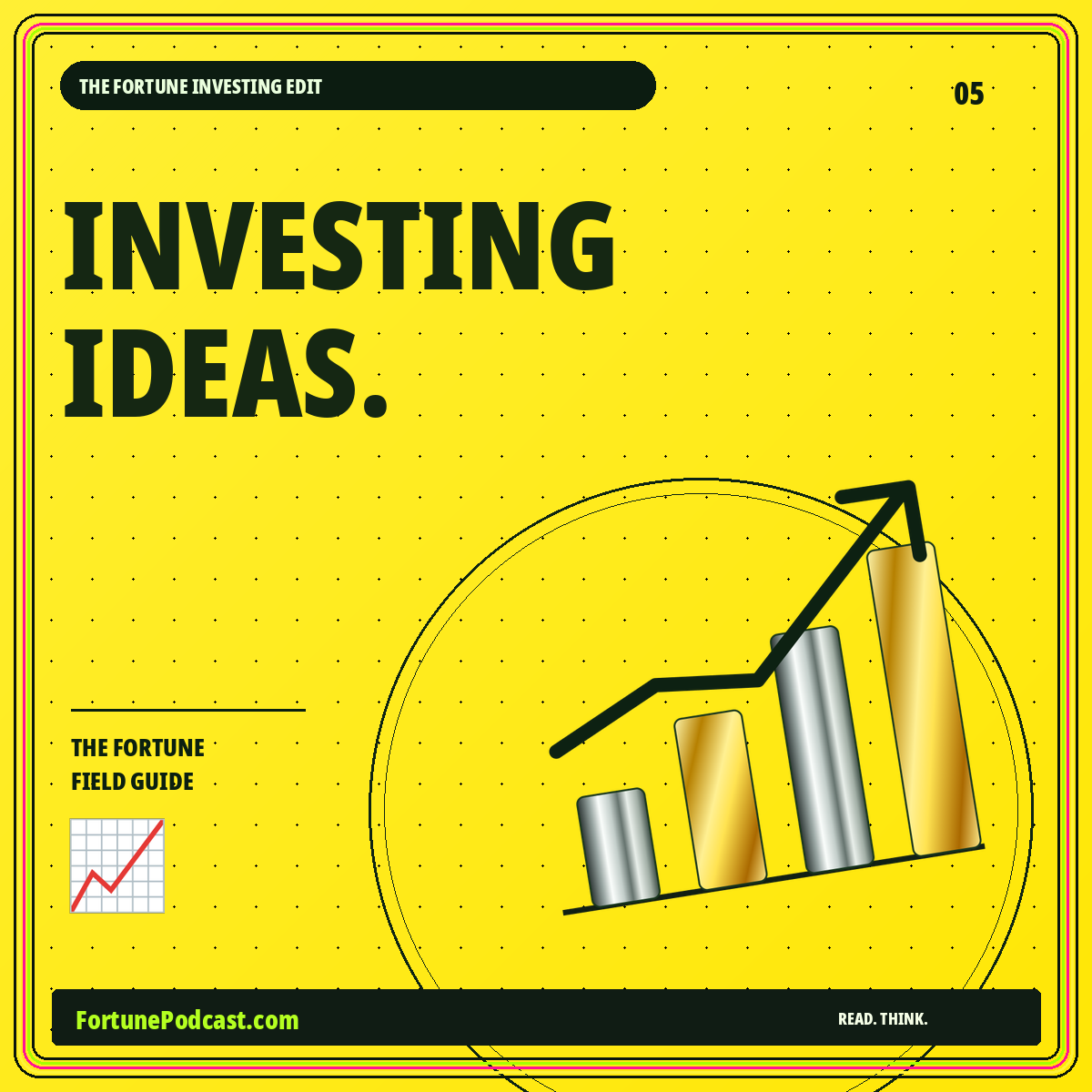 Investing ideas: an original neon yellow FortunePodcast.com homepage card