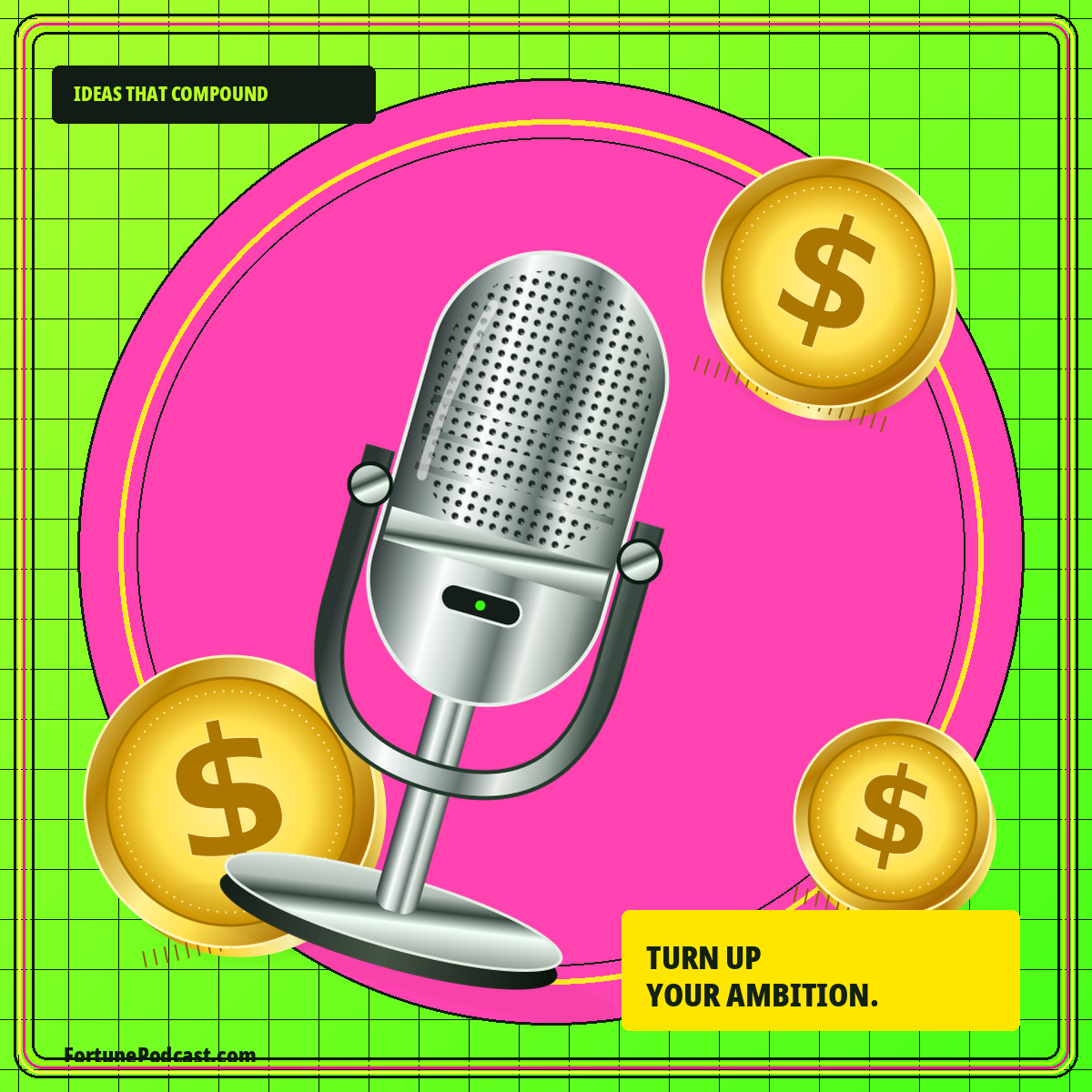 A metallic microphone and gold coins on a neon pink and green FortunePodcast.com card