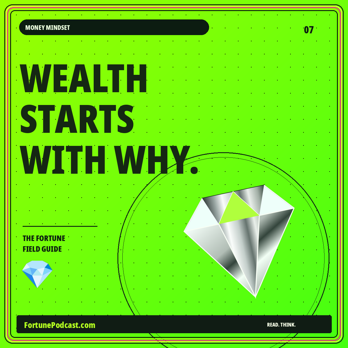 WEALTH STARTS WITH WHY. — Money Mindset neon guide card, FortunePodcast.com